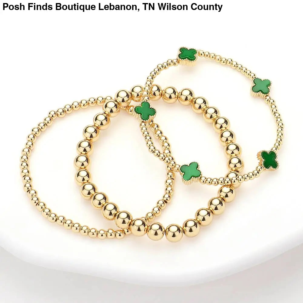 3PCS - Quatrefoil Station Metal Ball Beaded Multi Bracelets: Green - Posh Finds