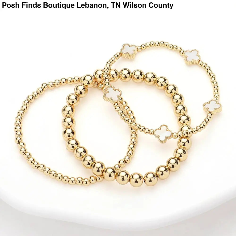 3PCS - Quatrefoil Station Metal Ball Beaded Multi Bracelets: Pearl - Posh Finds