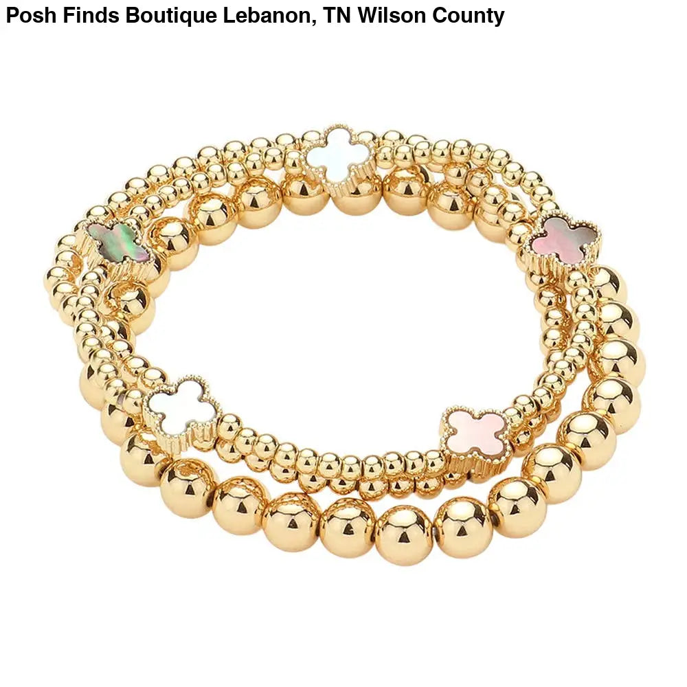 3PCS - Quatrefoil Station Metal Ball Beaded Multi Bracelets: Pearl - Posh Finds