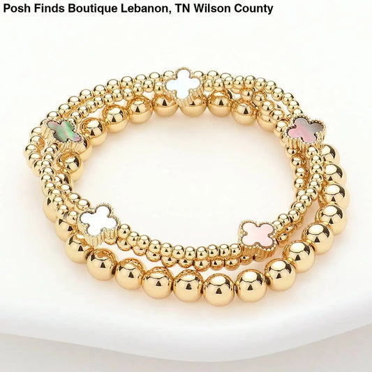 3PCS - Quatrefoil Station Metal Ball Beaded Multi Bracelets: Pearl - Posh Finds