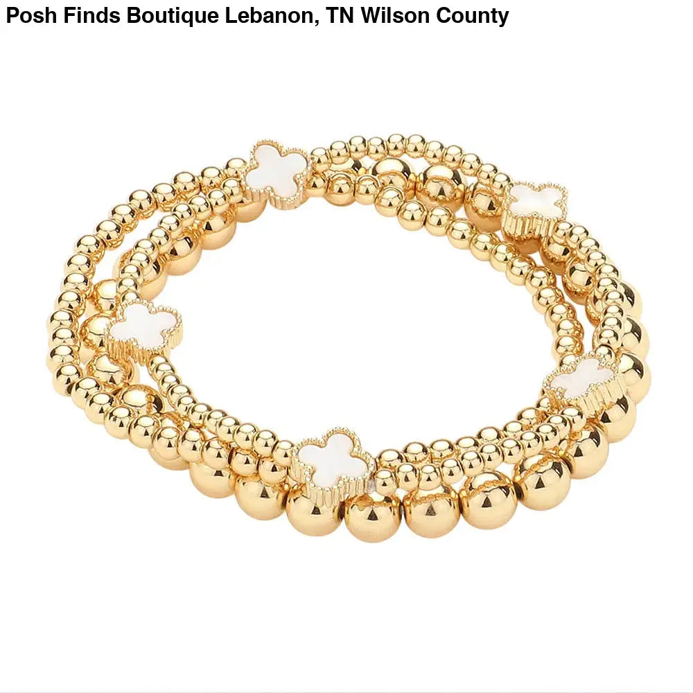 3PCS - Quatrefoil Station Metal Ball Beaded Multi Bracelets: Pearl - Posh Finds