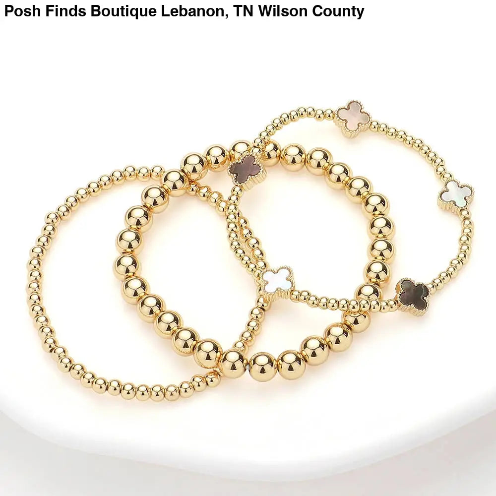 3PCS - Quatrefoil Station Metal Ball Beaded Multi Bracelets: Pearl - Posh Finds