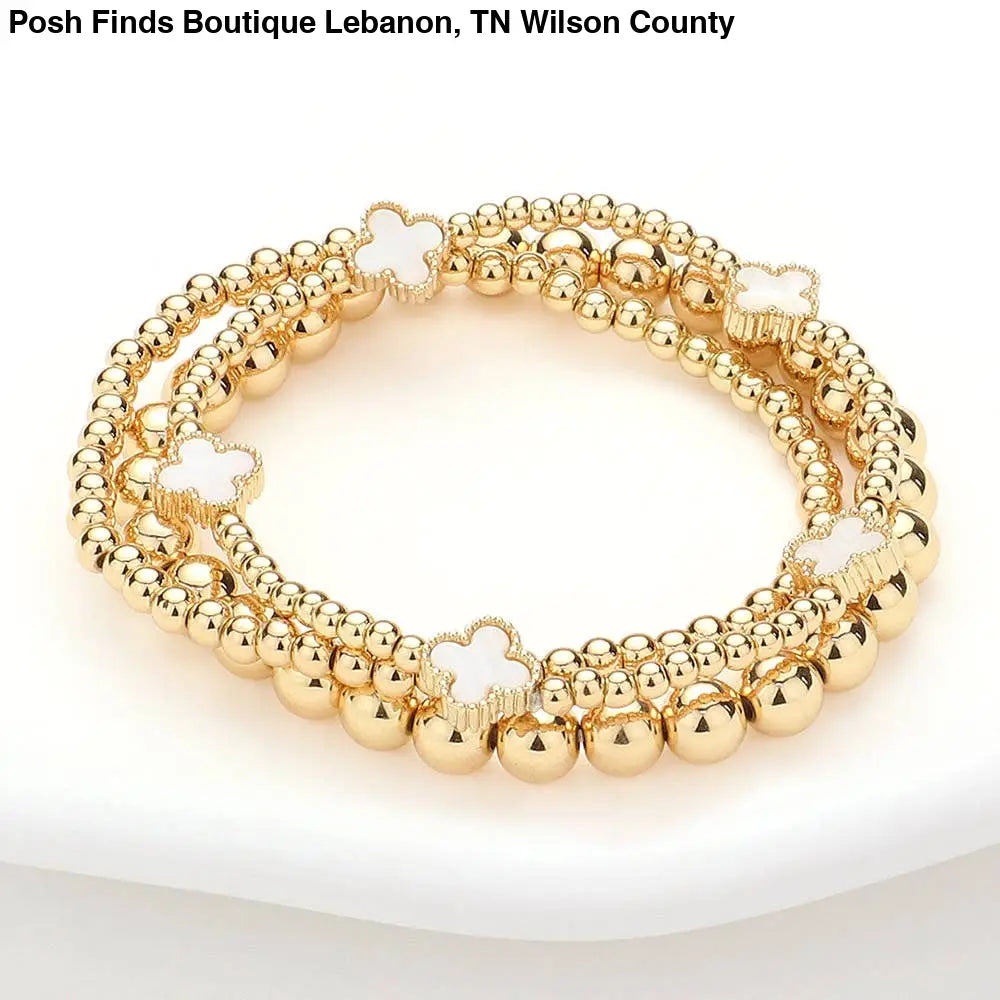 3PCS - Quatrefoil Station Metal Ball Beaded Multi Bracelets: Pearl - Posh Finds