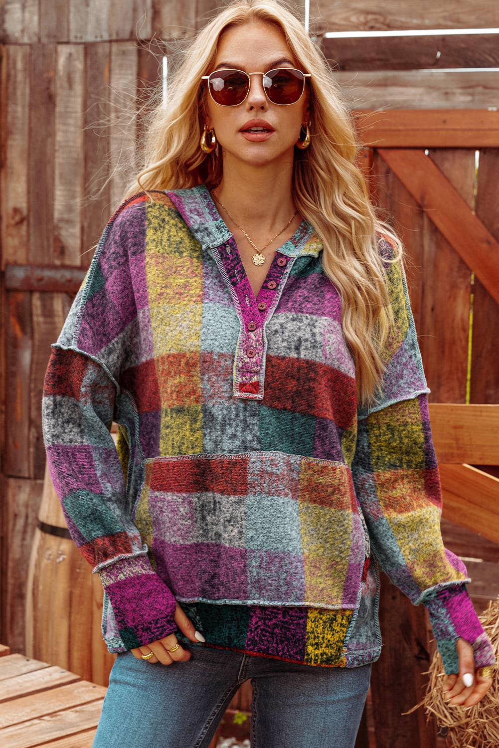 Brushed Colorful Plaid Buttoned Pullover Oversized Hoodie