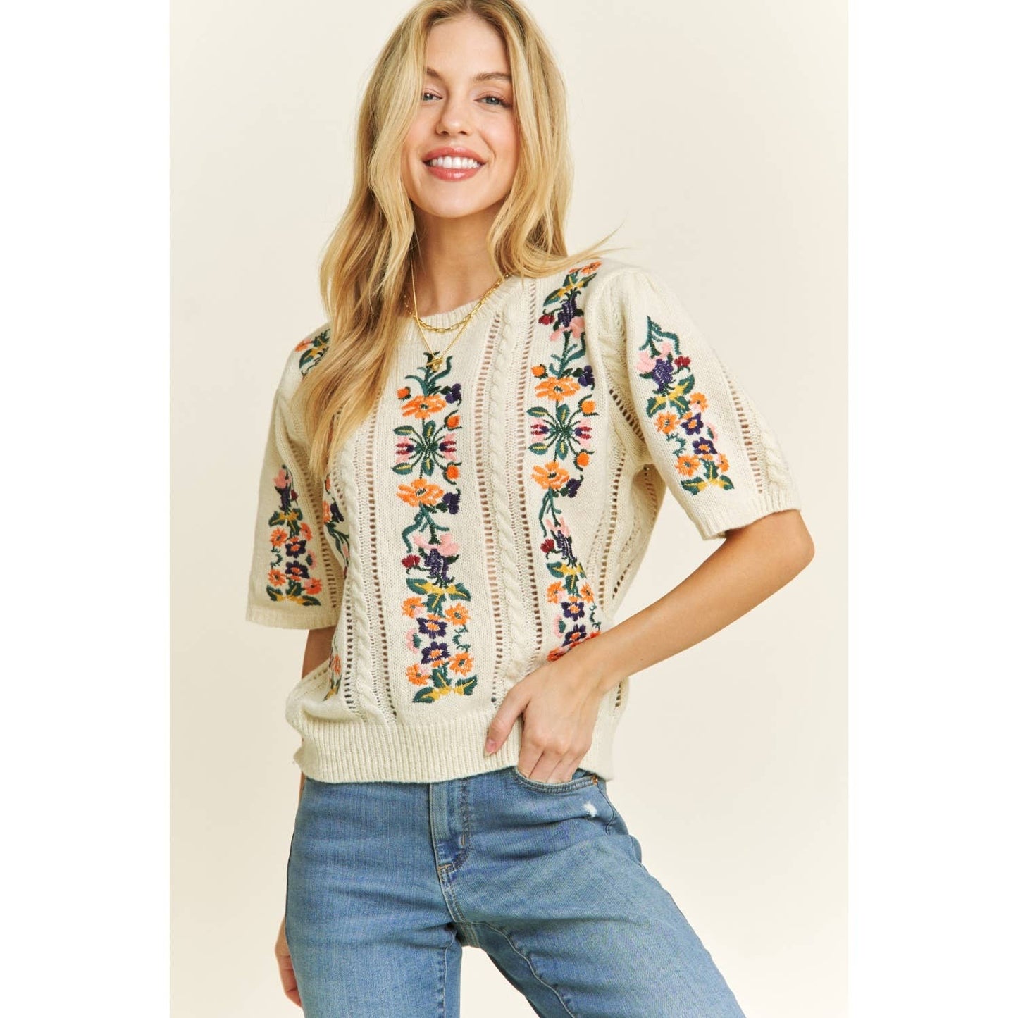 CUTE FLORAL EMBROIDERY CASUAL PULLOVER SWEATER