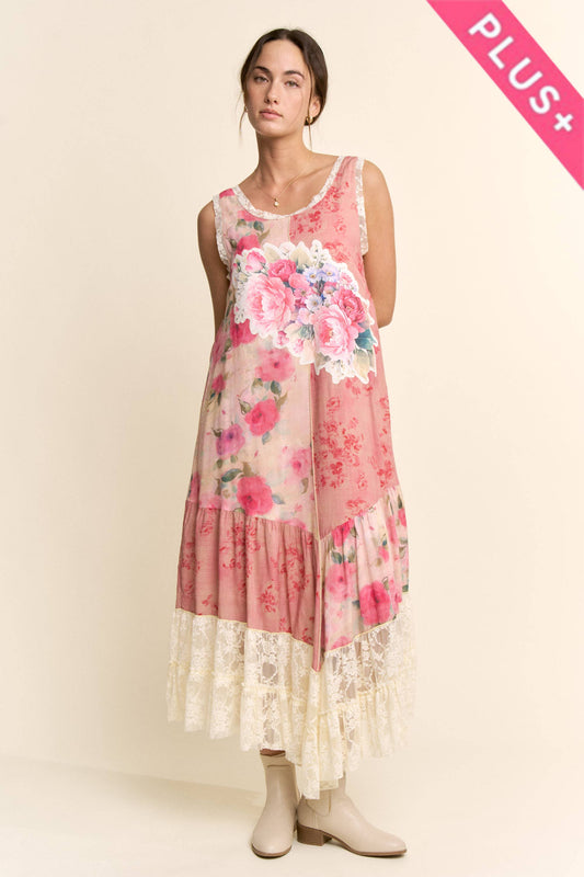 PLUS PRINT FLOWER PATCHWORK LACE TIERED DRESS: Pink Multi / 2XL