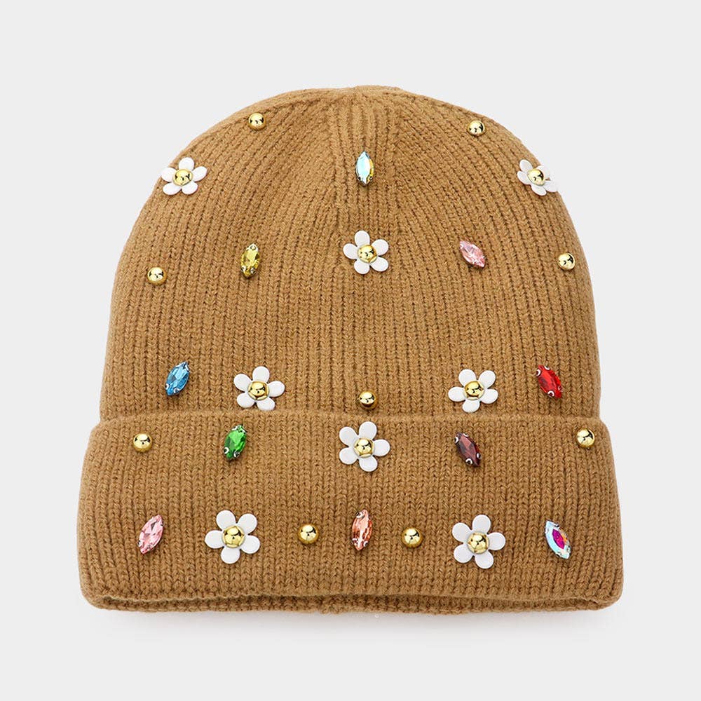 Fleece Lining Daisy Flower Stone Solid Knit Beanie Hat: White