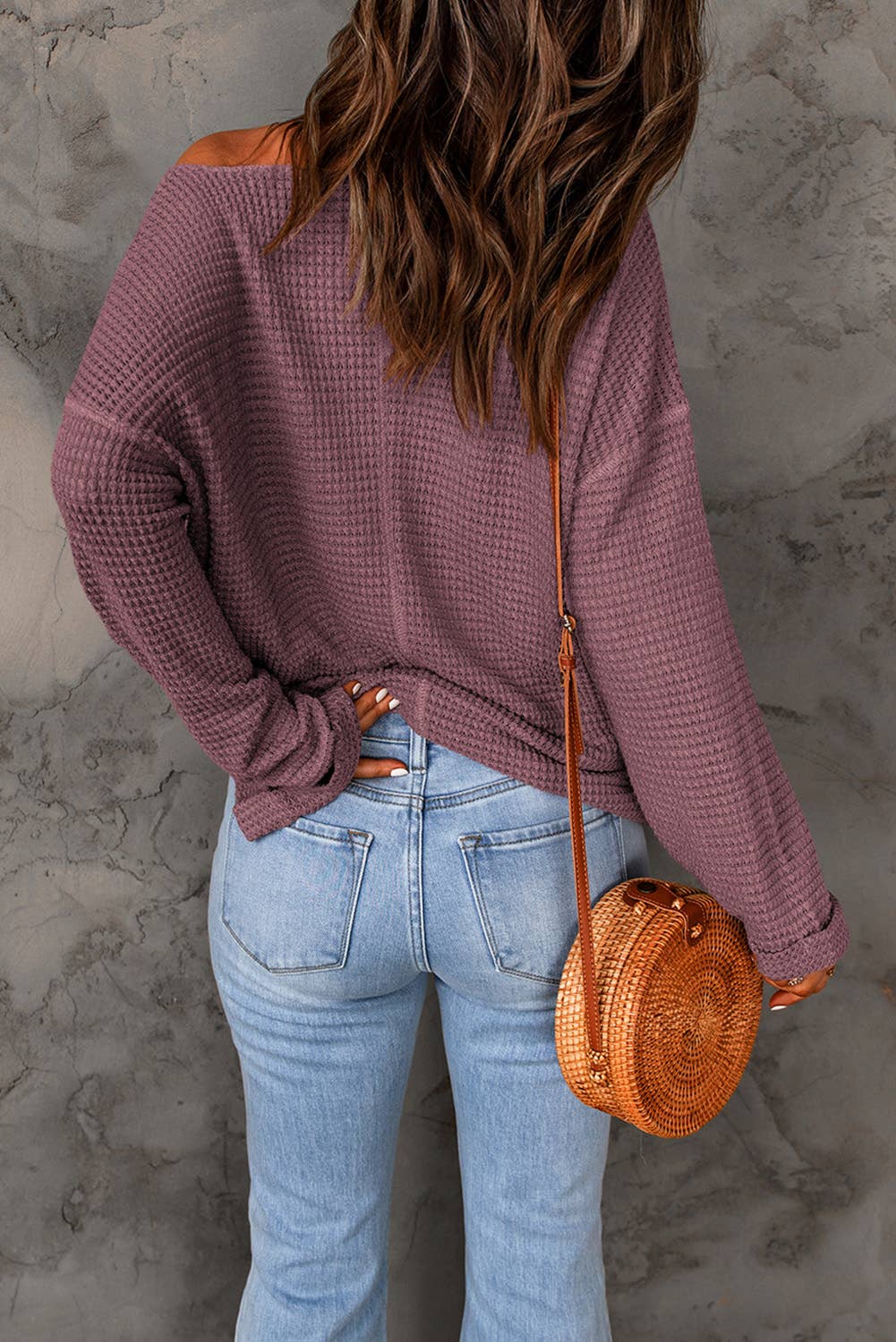 Waffle Knit Loose Long Sleeve Top: Apricot Pink