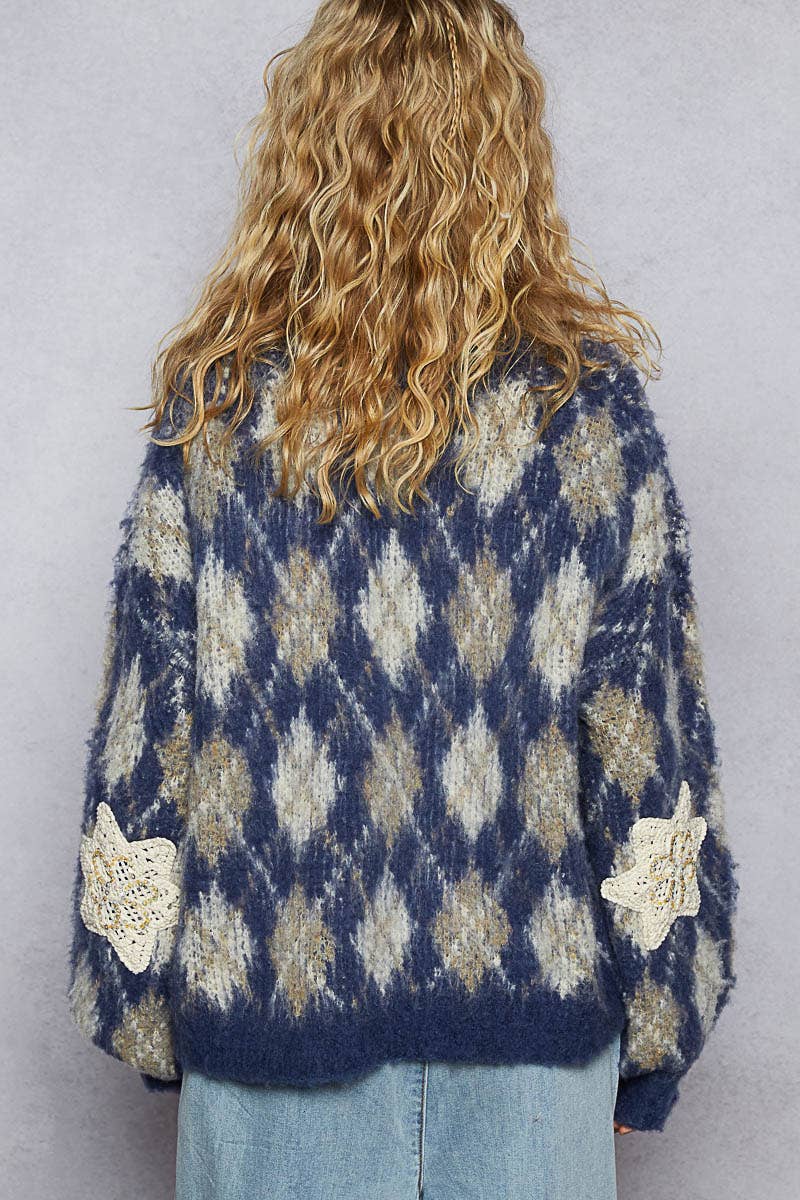 Round Neck Balloon Sleeve Argyle Mohair Sweater Top