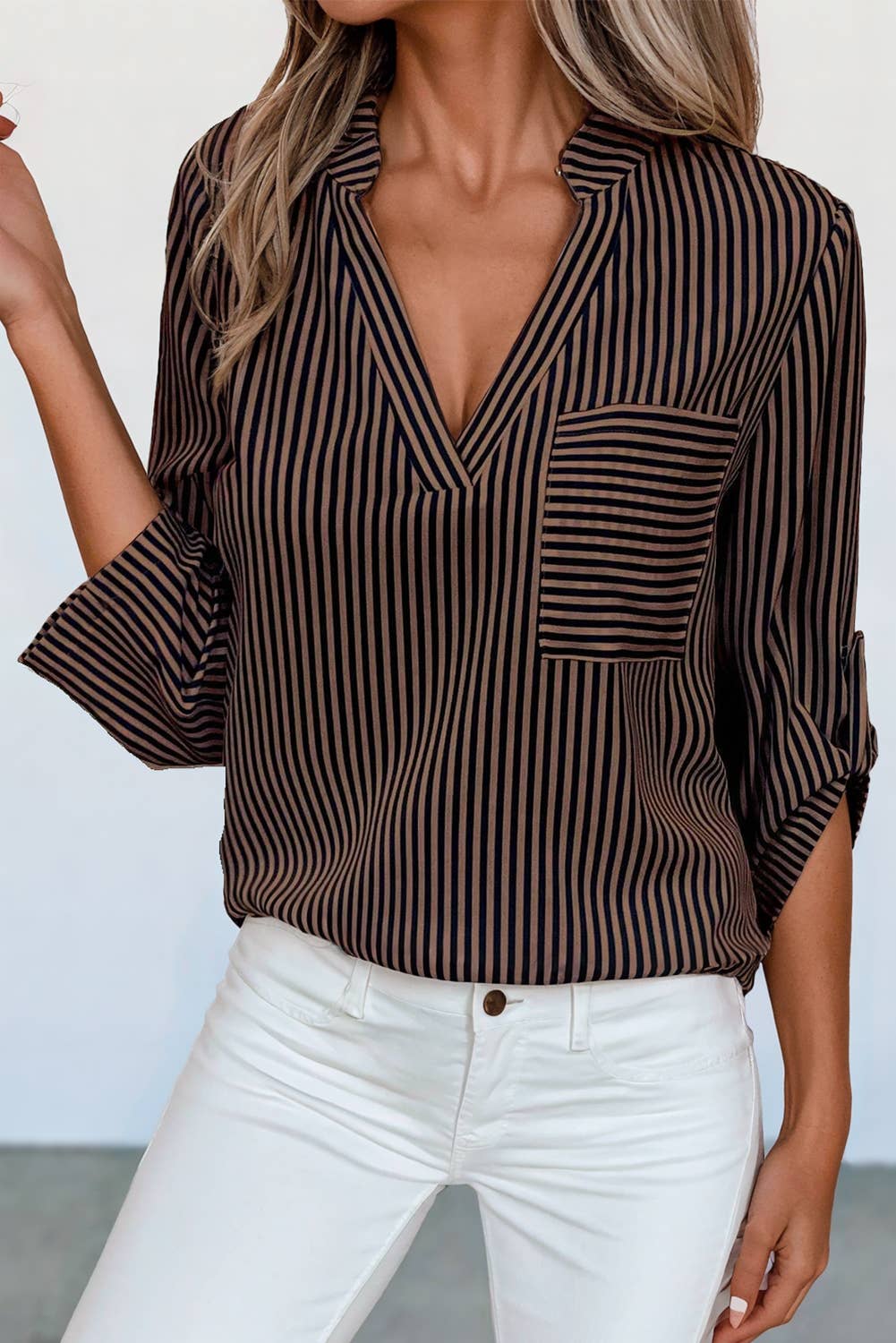 Classic Stripe V Neck Chest Pocket Shirt