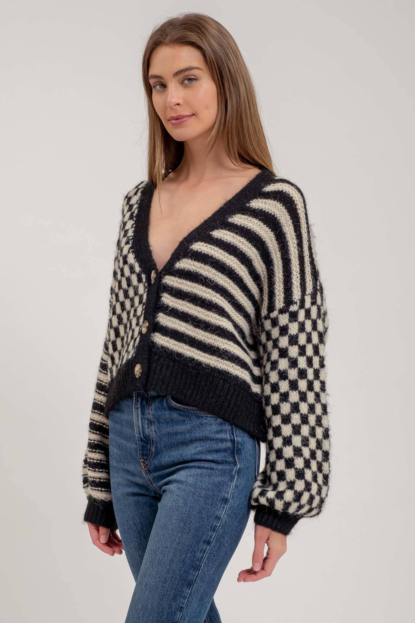 STRIPE AND CHECKERED DROP SHOULDER KNIT CARDIGAN: BLACK