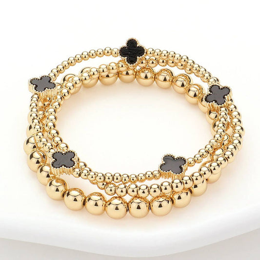 3PCS - Quatrefoil Station Metal Ball Beaded Multi Bracelets: Black