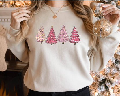 Christmas Sweatshirt Pink Xmas Trees Holiday Sweater in Sand