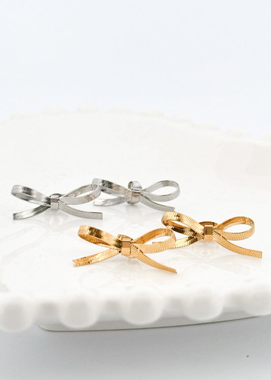 Ribbon Bow Earrings in Gold or Silver