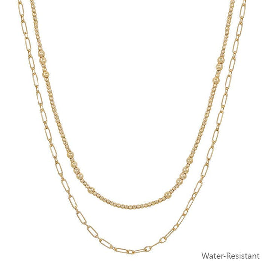 Water Resistant Double Layered Gold Beaded and Chain 16"-18" Necklace