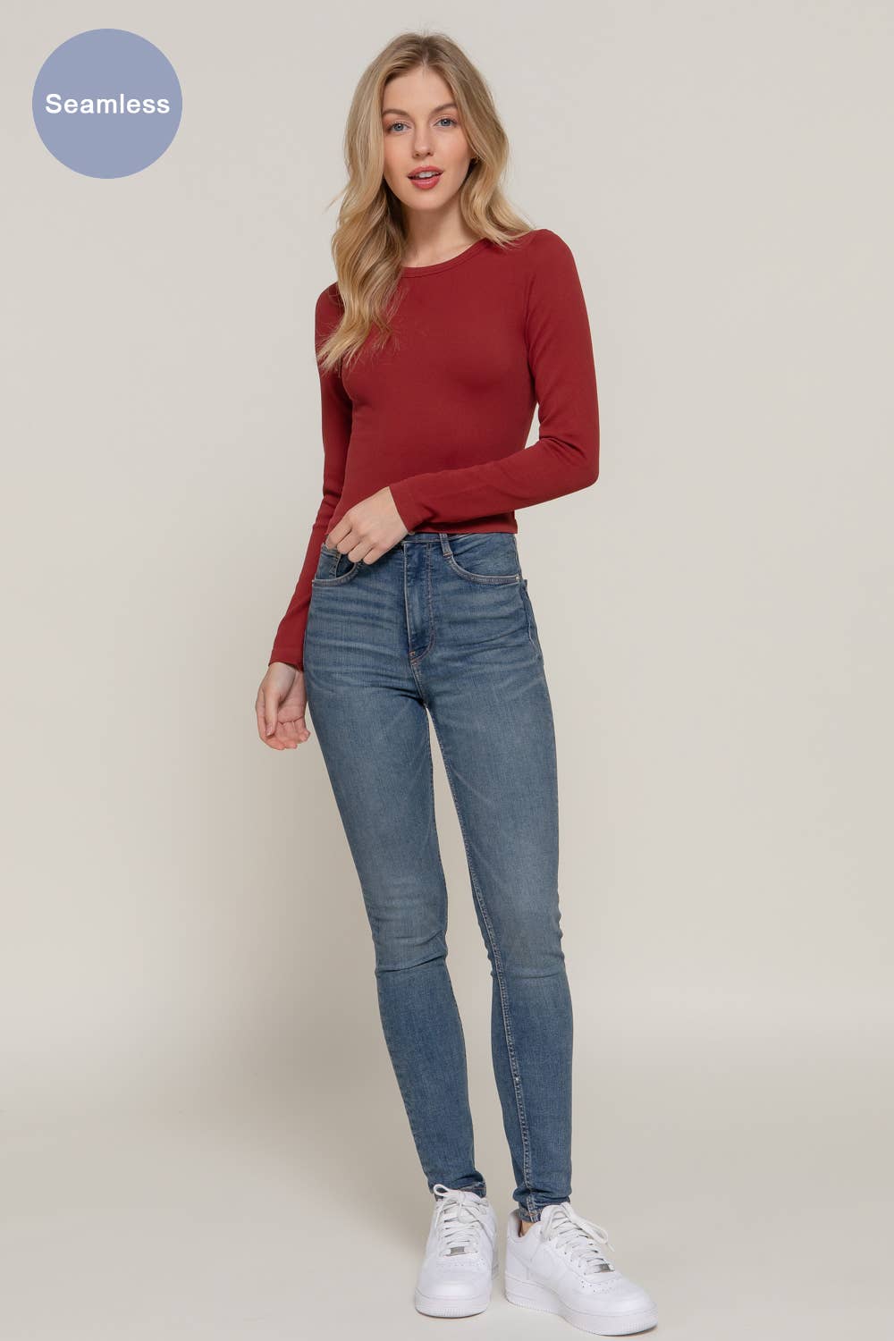 Long Sleeve Crew Neck Rib Seamless Top: Taupe