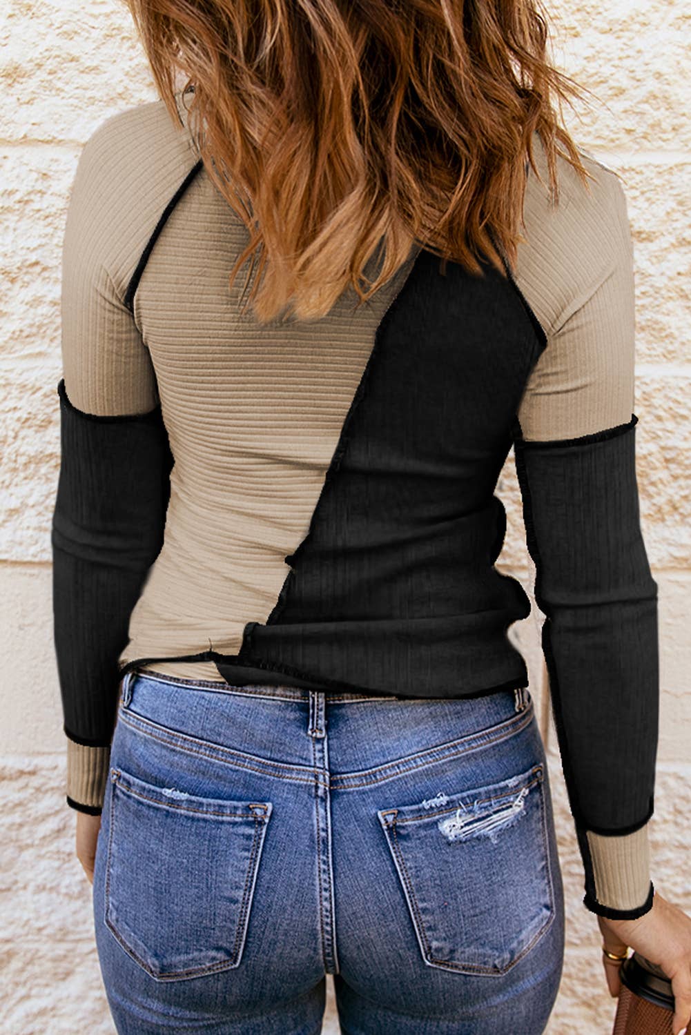 Irregular Color Block Seaming Trim Rib Knit Top: Black