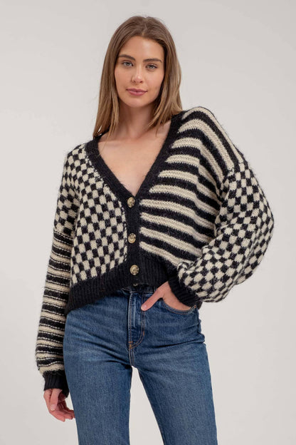 STRIPE AND CHECKERED DROP SHOULDER KNIT CARDIGAN: BLACK