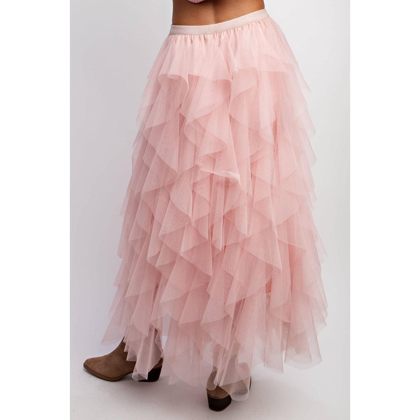 CASCADING TULLE MESH LAYERED MAX SKIRT: Mocha