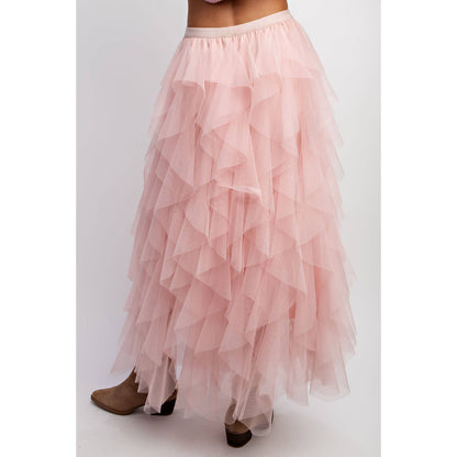 CASCADING TULLE MESH LAYERED MAX SKIRT: Mocha