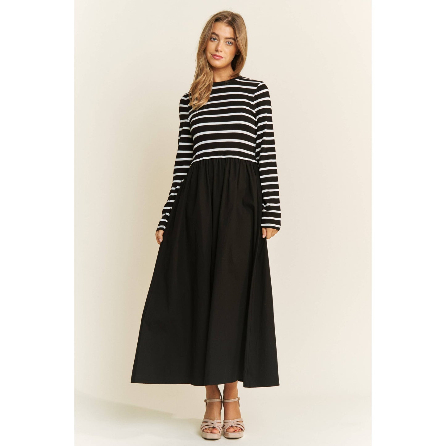 COTTON MAXI DRESS WITH KNIT STRIPE TOP WITH LONG SLEEVES