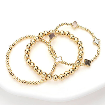 3PCS - Quatrefoil Station Metal Ball Beaded Multi Bracelets: Pearl