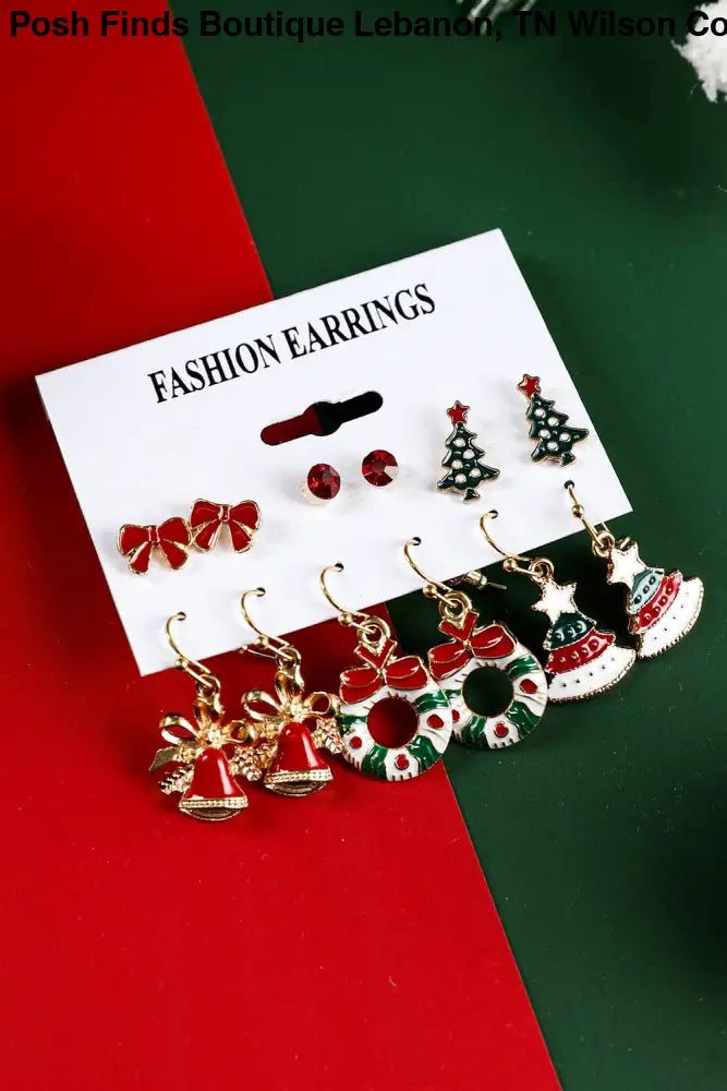 6 Pairs Set Christmas Earring Set: Red - Posh Finds