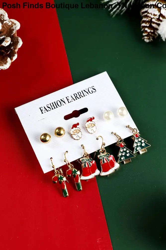 6 Pairs Set Christmas Earring Set: Red - Posh Finds