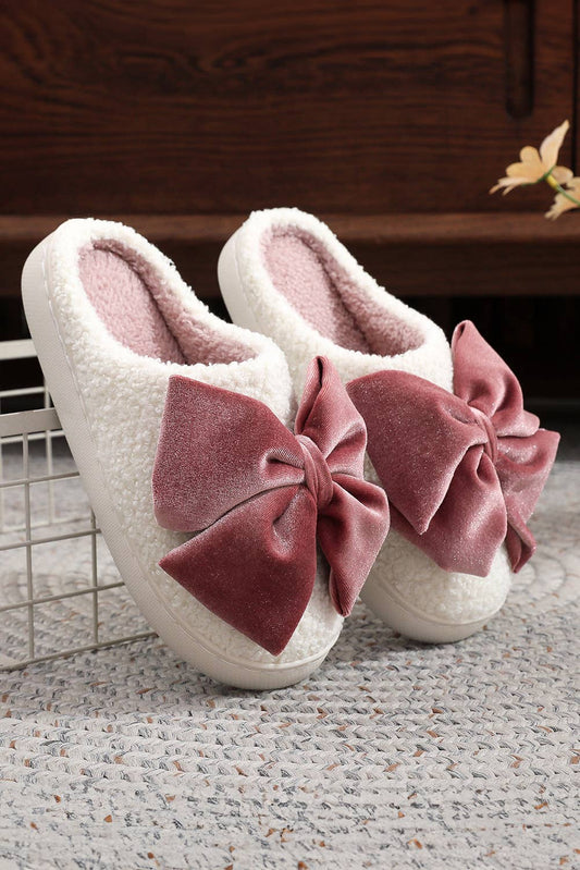 Glister Ribbon Bow Decor Contrast Liner Plush Slippers