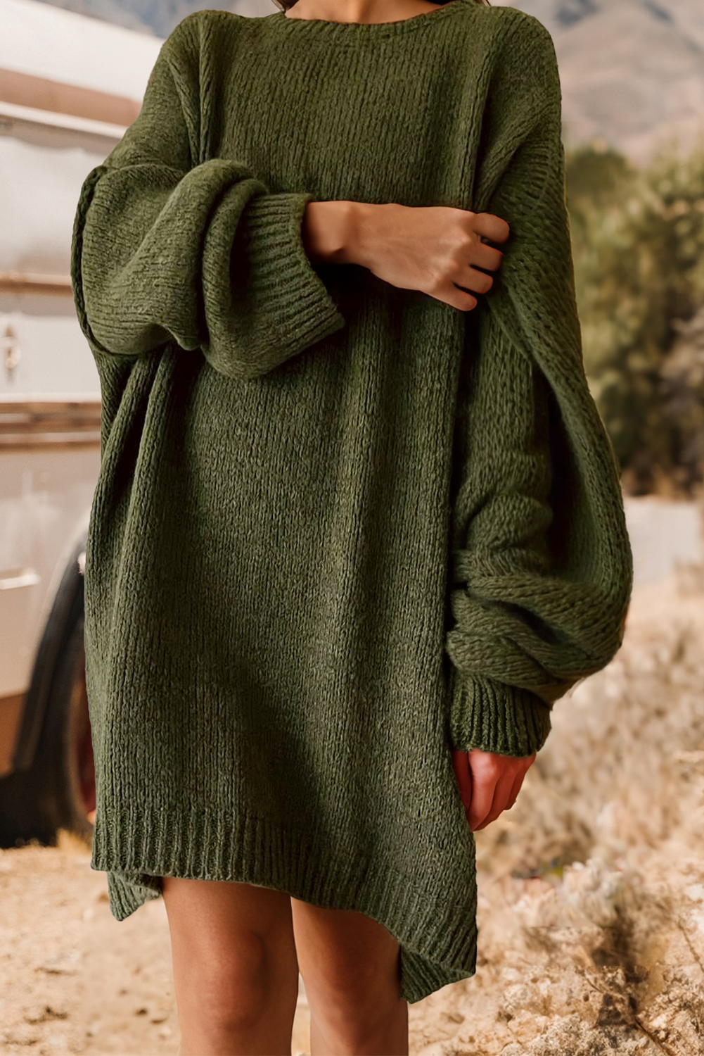 Oversize Drop Shoulder Slouchy Sweater Fall Dress: Green