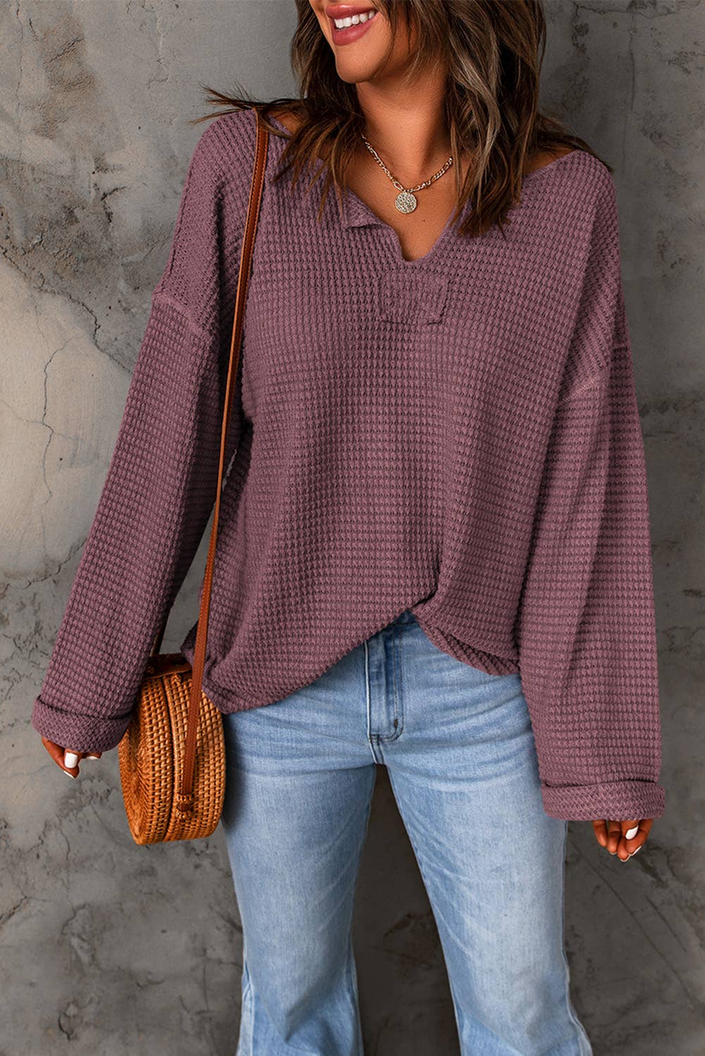 Waffle Knit Loose Long Sleeve Top - 4 Colors: Apricot
