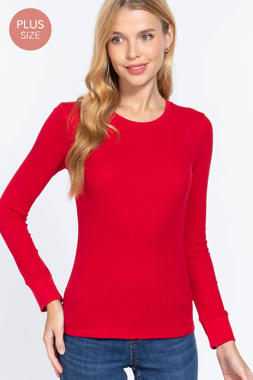 Plus Long Sleeve Crew Neck Thermal Knit Top: White