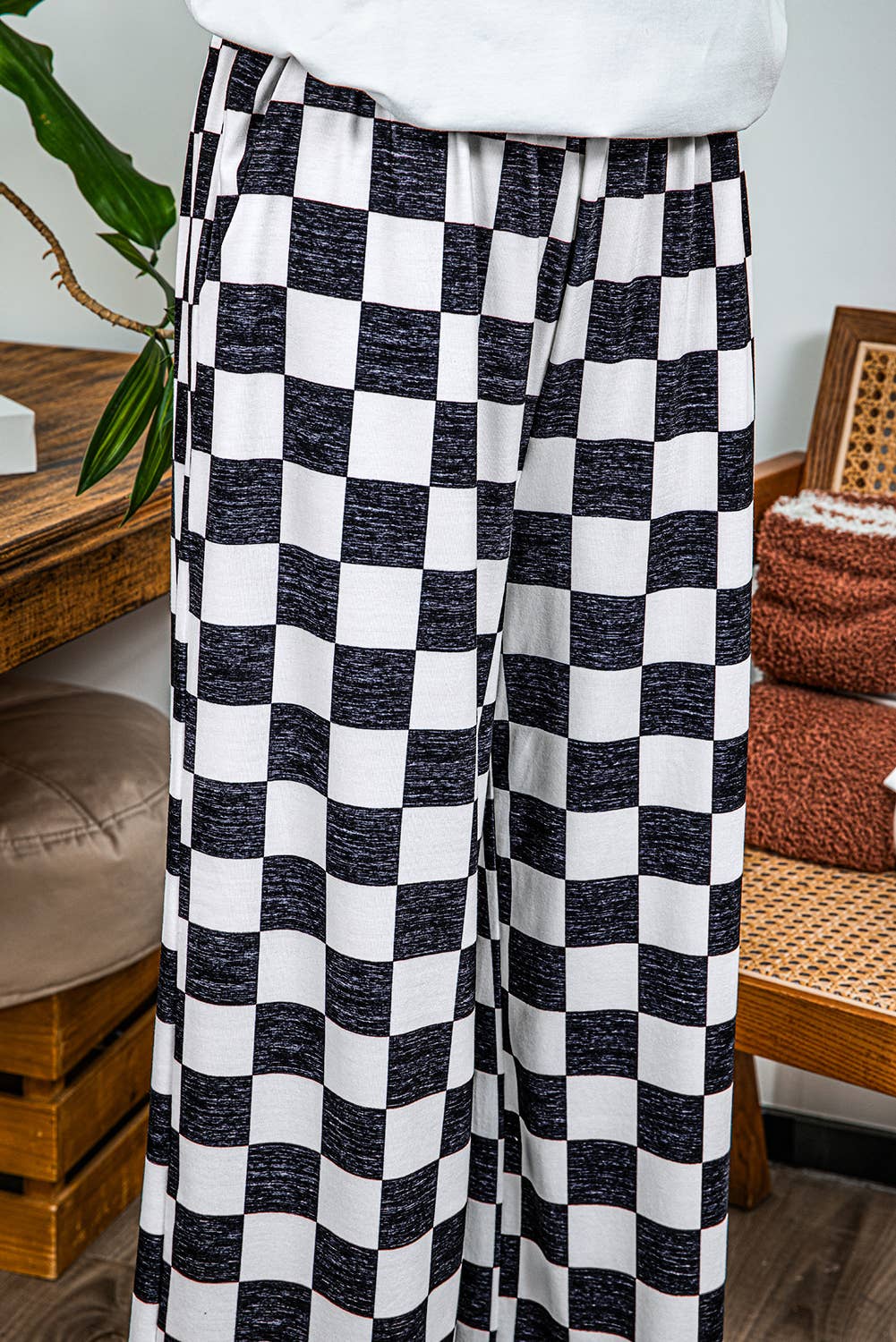 Checked Print High Waist Wide Leg Pants: Black