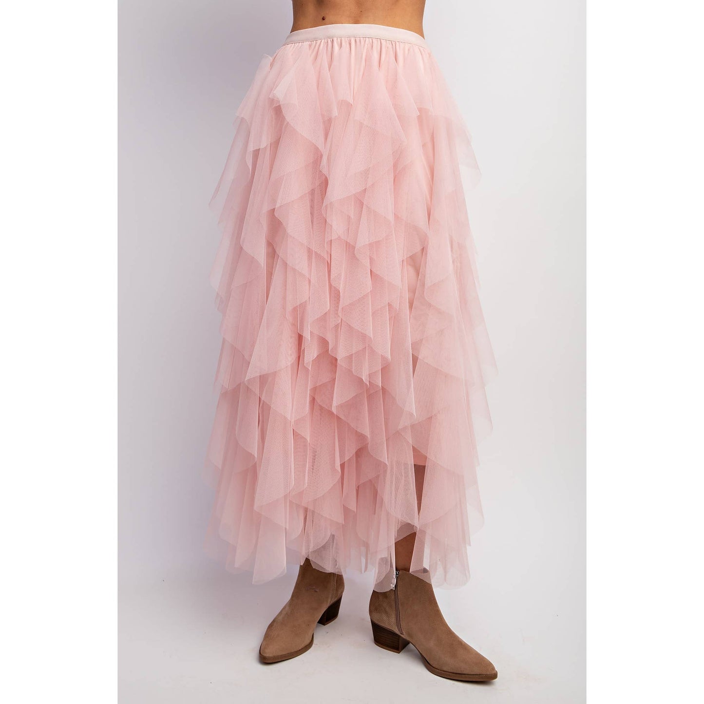 CASCADING TULLE MESH LAYERED MAX SKIRT: Mocha