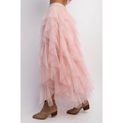 CASCADING TULLE MESH LAYERED MAX SKIRT: Mocha