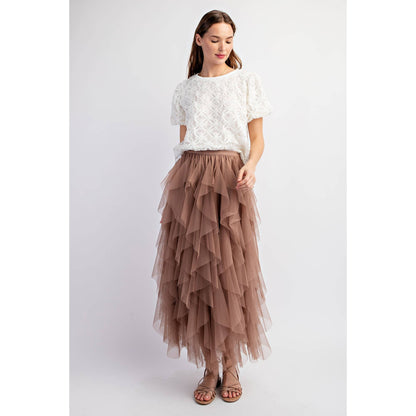 CASCADING TULLE MESH LAYERED MAX SKIRT: Mocha