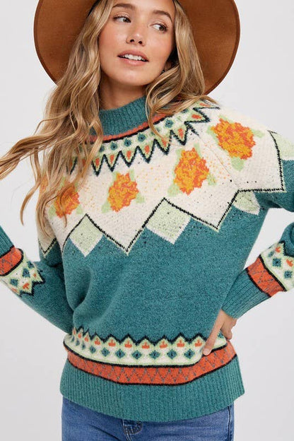 Mock Neck Fair Isle Sweater: DARK MINT