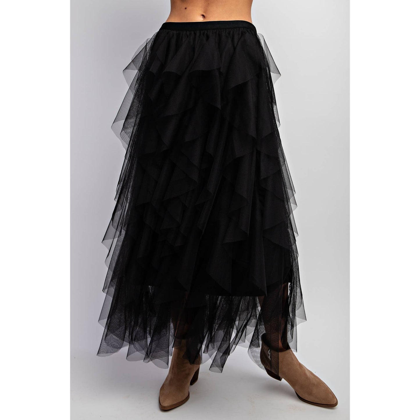 CASCADING TULLE MESH LAYERED MAX SKIRT: Mocha