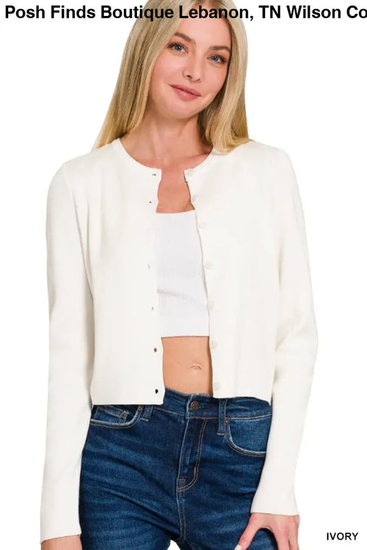 7 Button Crewneck Long Sleeve Cardigan: IVORY - Posh Finds