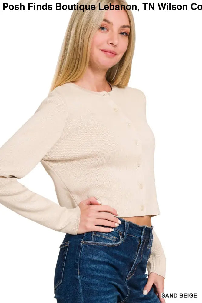 7 Button Crewneck Long Sleeve Cardigan: SAND BEIGE - Posh Finds