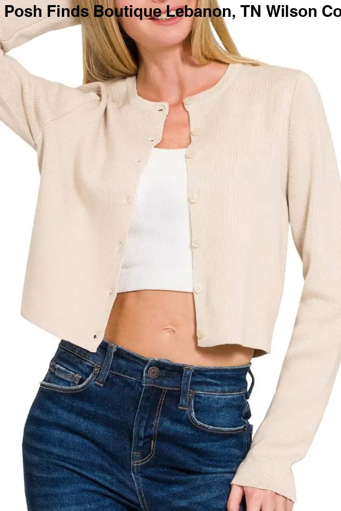 7 Button Crewneck Long Sleeve Cardigan: SAND BEIGE - Posh Finds