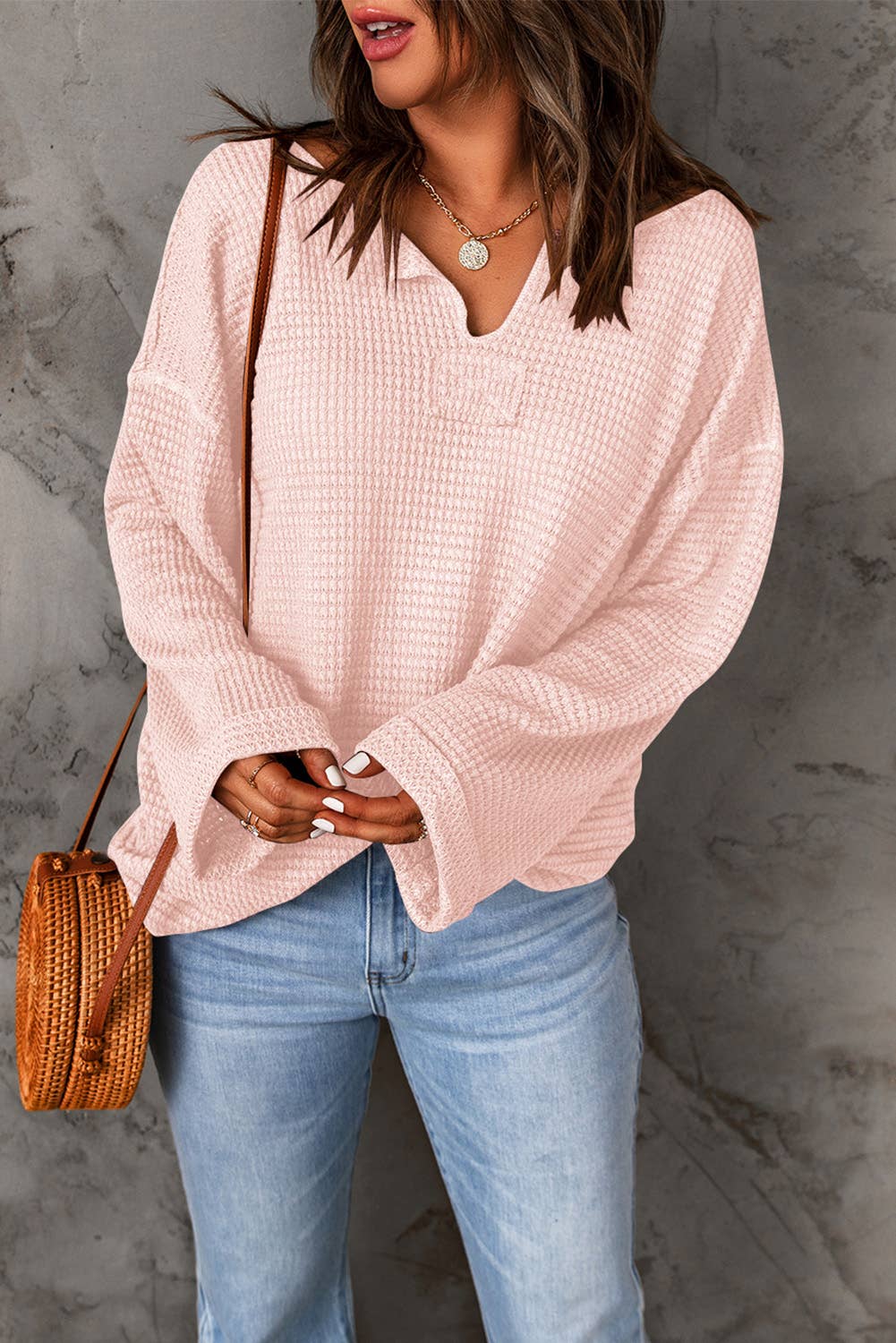 Waffle Knit Loose Long Sleeve Top: Rose Red