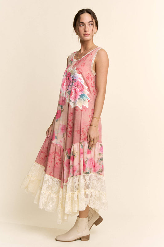 PRINT FLOWER PATCHWORK LACE TIERED DRESS: Pink Multi / S