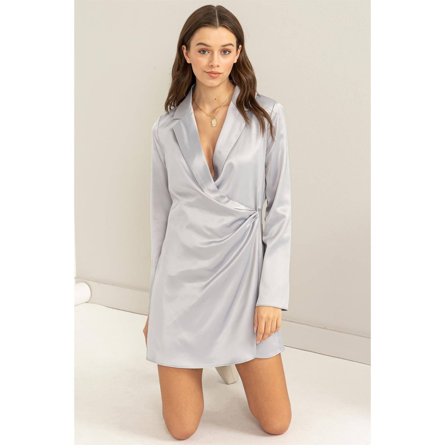 SATIN BLAZER DRESS: LIGHT GRAY