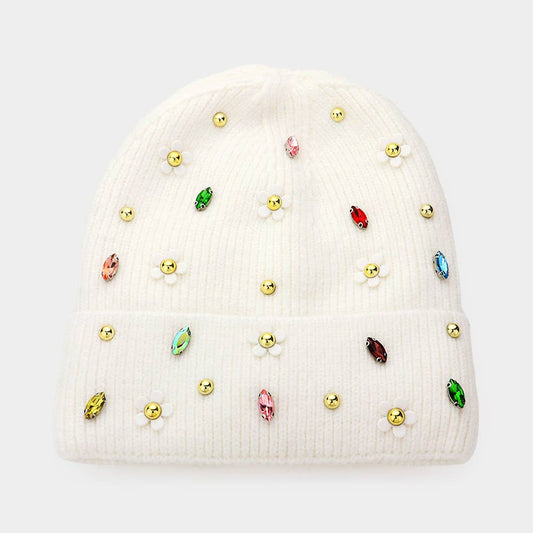 Fleece Lining Daisy Flower Stone Solid Knit Beanie Hat: White - Posh Finds
