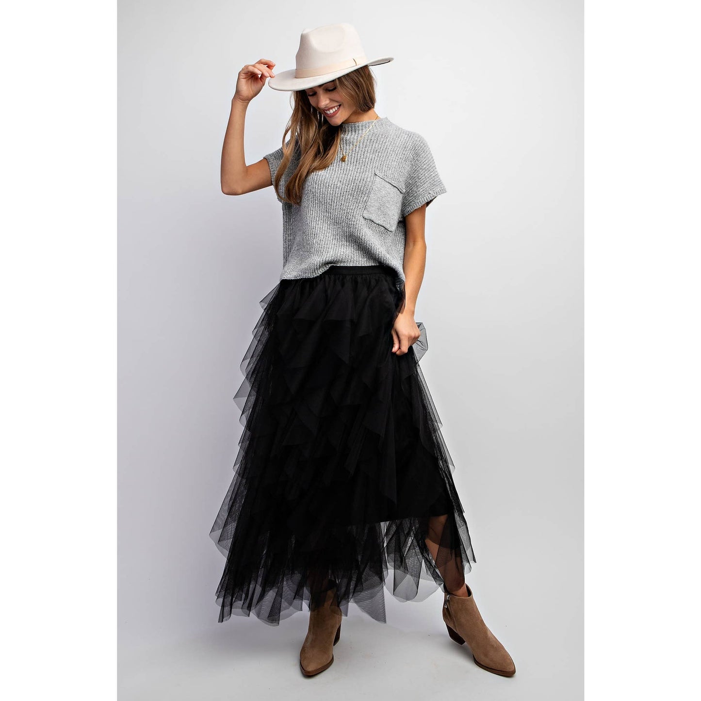 CASCADING TULLE MESH LAYERED MAX SKIRT: Mocha