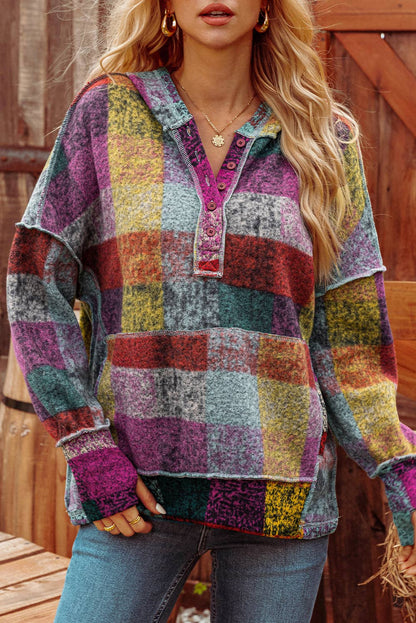 Brushed Colorful Plaid Buttoned Pullover Oversized Hoodie