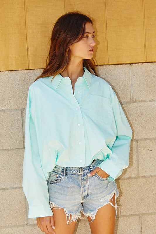 Elastic Hem Solid Cropped Shirt: MINT
