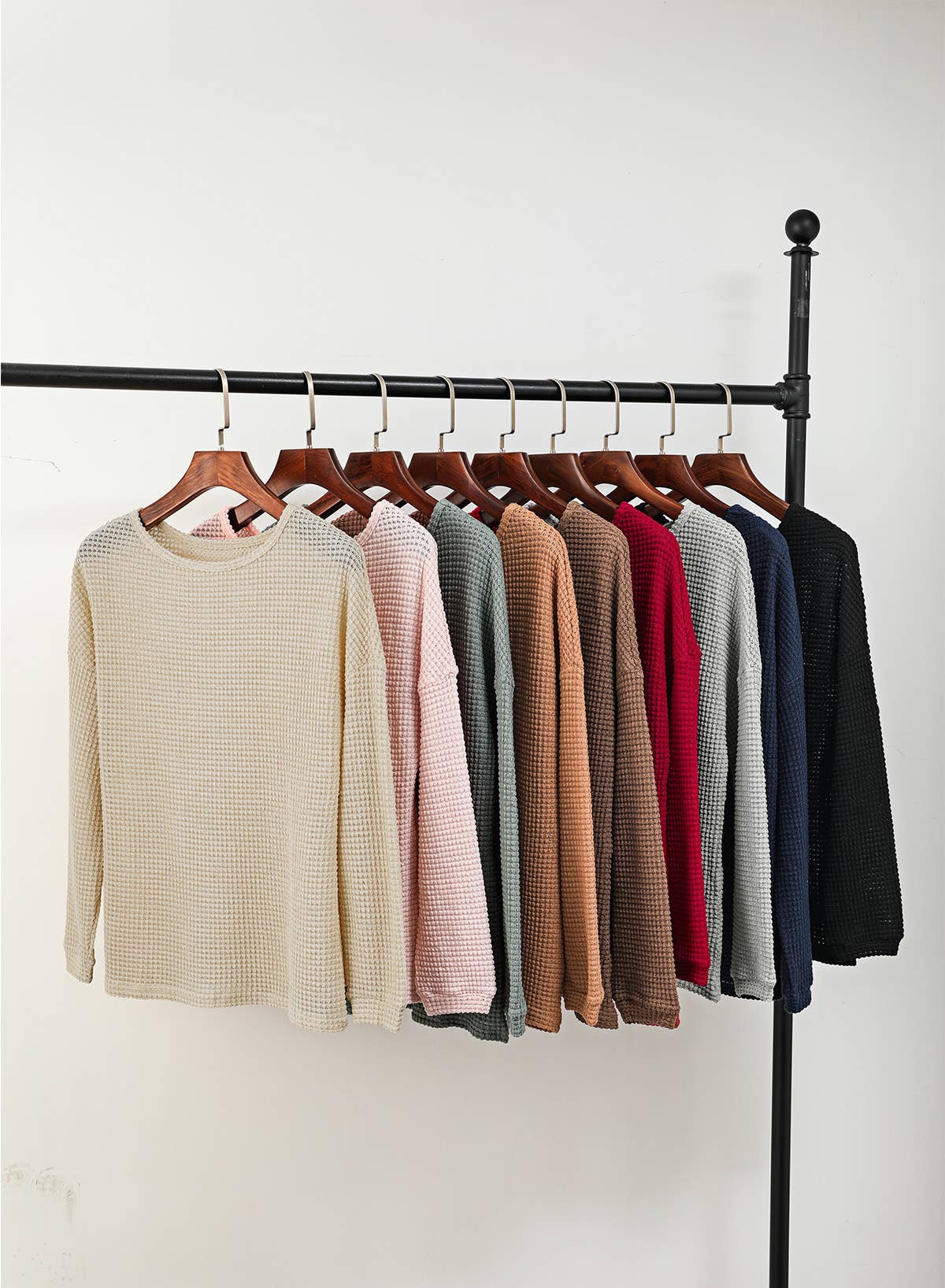 Waffle Knit Drop Shoulder Long Sleeve Top: Khaki