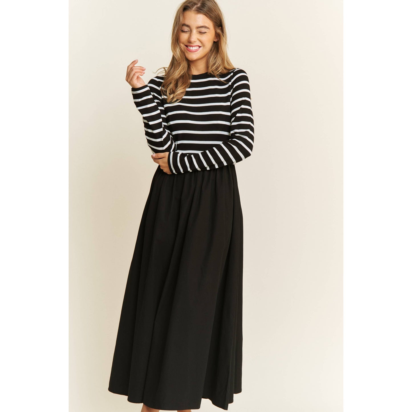 COTTON MAXI DRESS WITH KNIT STRIPE TOP WITH LONG SLEEVES